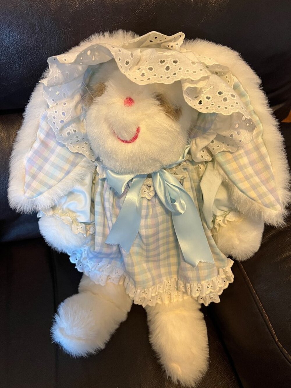 Vintage Ms. Noah Rabbit Plush With Blue Gingham Dress & Lace Bonnet 19"